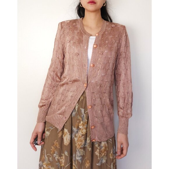 90s vintage silk pointelle embroidered knit cardigan dusty pink - Picture 4 of 13
